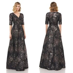 NWT Kay Unger Dress Womens 6 Tall Stella Gown Black Floral Metallic Sleeves Maxi